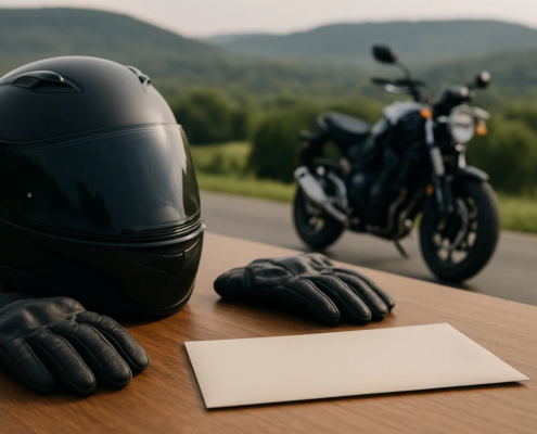 Fayetteville motorcycle accident settlement offer reviewed beside a motorcycle and helmet