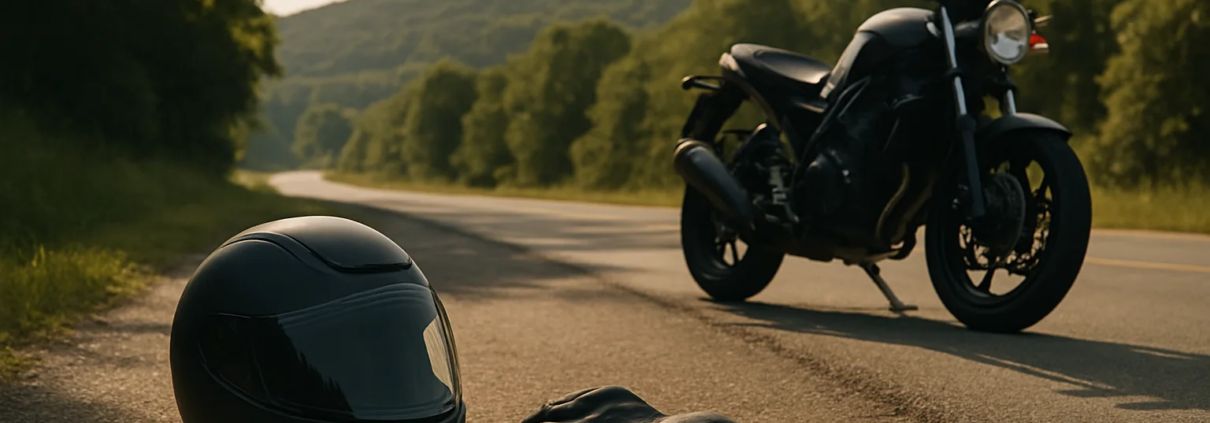 Delayed pain after a motorcycle accident claim in Fayetteville represented by a rider’s helmet beside a motorcycle