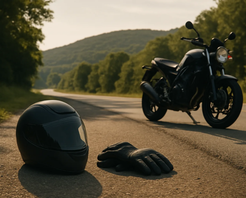 Delayed pain after a motorcycle accident claim in Fayetteville represented by a rider’s helmet beside a motorcycle