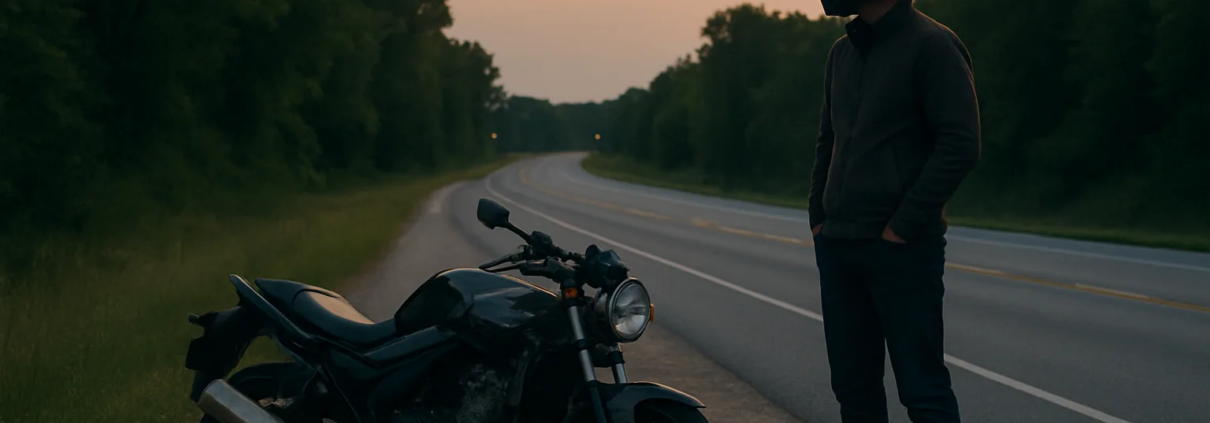 Fayetteville motorcycle accident DUI claim scene with a rider and motorcycle on an Arkansas roadway