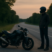 Fayetteville motorcycle accident DUI claim scene with a rider and motorcycle on an Arkansas roadway