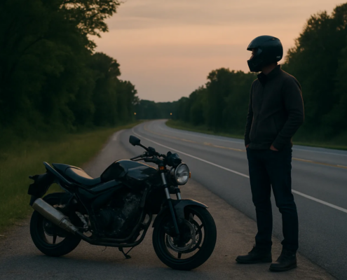 Fayetteville motorcycle accident DUI claim scene with a rider and motorcycle on an Arkansas roadway