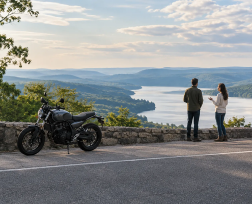 Motorcycle and two people at an Arkansas roadside, illustrating multiple claimants and insurance limits