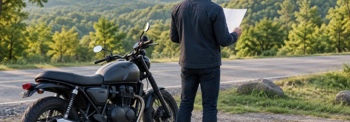 A rider pauses beside a motorcycle on a quiet road, illustrating the Bentonville motorcycle accident claim deadline.