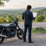 A rider pauses beside a motorcycle on a quiet road, illustrating the Bentonville motorcycle accident claim deadline.