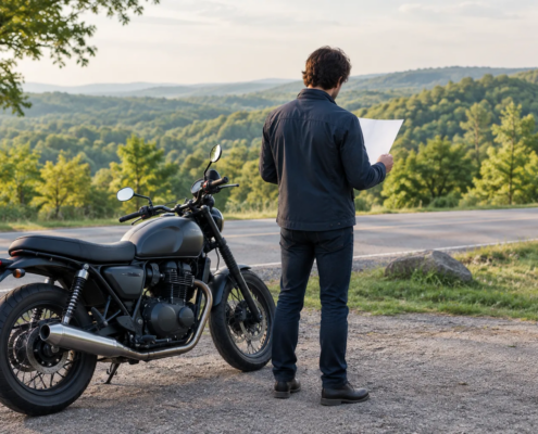 A rider pauses beside a motorcycle on a quiet road, illustrating the Bentonville motorcycle accident claim deadline.
