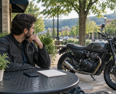 Bentonville motorcycle accident recorded statement: rider considers an insurer call beside a parked motorcycle