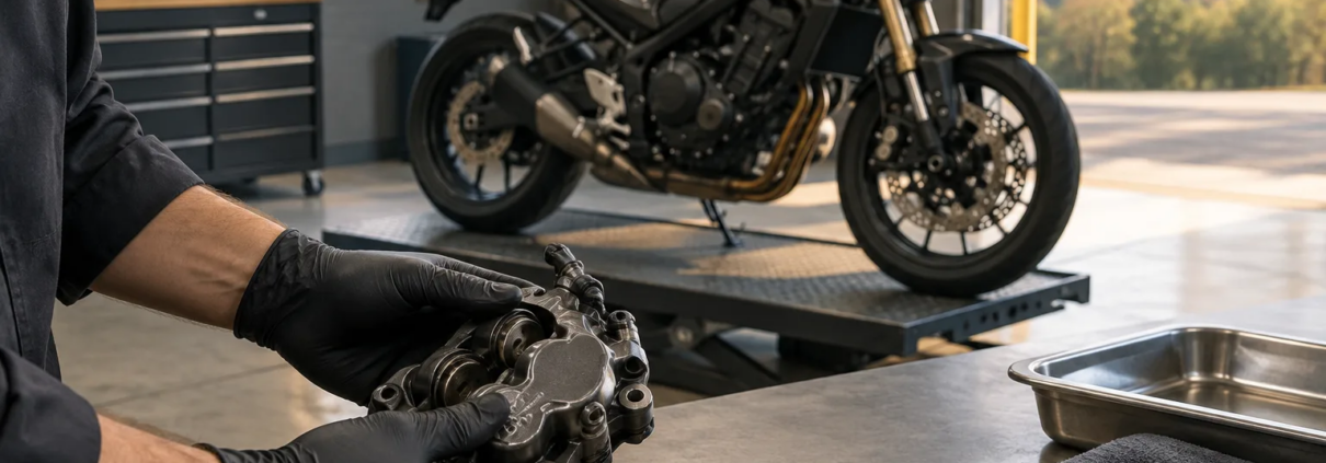 A motorcycle brake component being examined for a defective motorcycle part injury claim in Arkansas