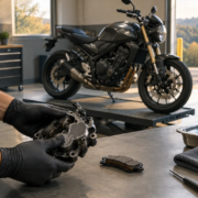 A motorcycle brake component being examined for a defective motorcycle part injury claim in Arkansas