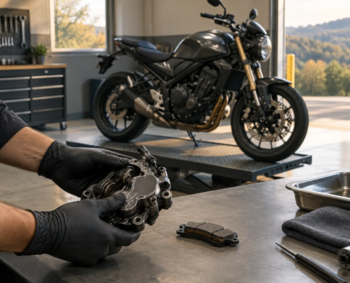 A motorcycle brake component being examined for a defective motorcycle part injury claim in Arkansas