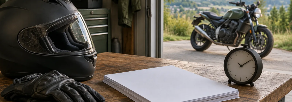 Work records and motorcycle gear represent proof of lost wages after a Rogers motorcycle crash