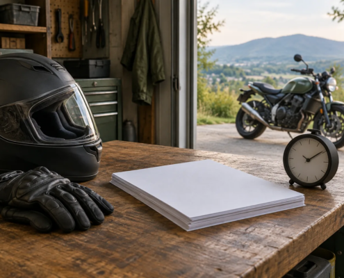 Work records and motorcycle gear represent proof of lost wages after a Rogers motorcycle crash