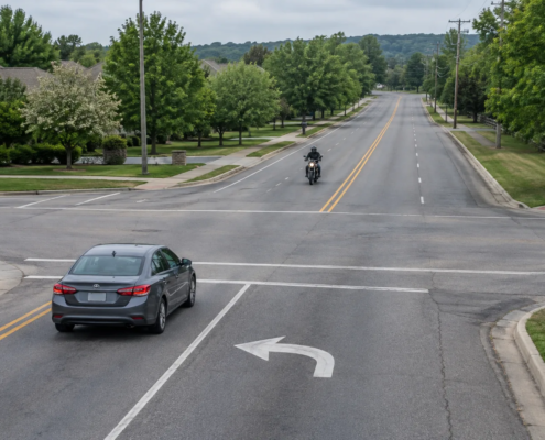 Springdale motorcycle left-turn accident claim scene at an urban intersection