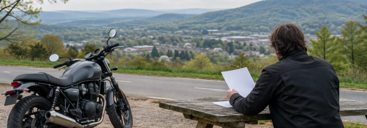 Who pays motorcycle medical bills during a Springdale claim, shown with a rider beside a parked motorcycle