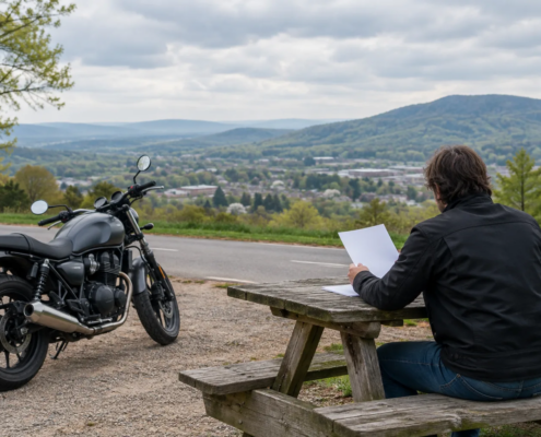 Who pays motorcycle medical bills during a Springdale claim, shown with a rider beside a parked motorcycle