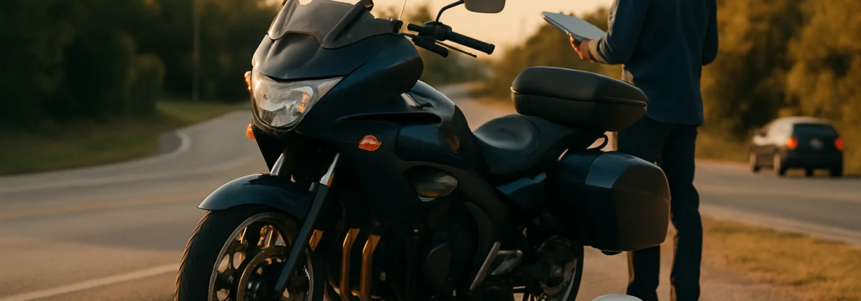 Fayetteville motorcycle uninsured motorist claim represented by a parked motorcycle on an Arkansas road